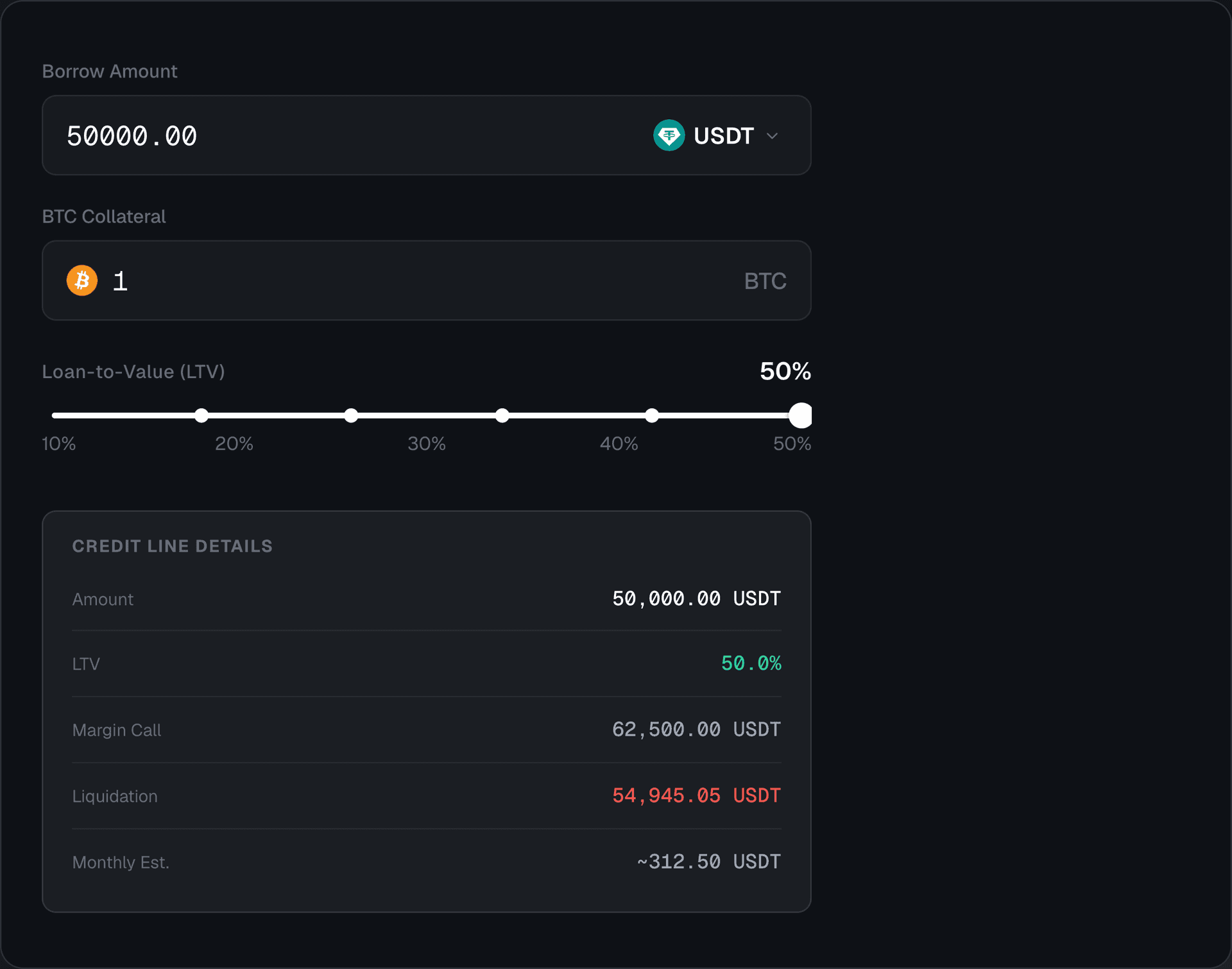 Roxom Open Credit Line: borrow amount, BTC collateral, and LTV